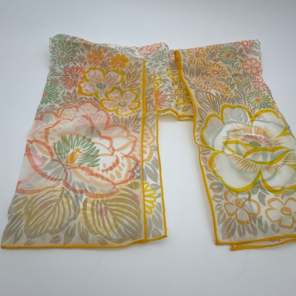 Vintage 60s Glentex Sheer Floral Scarf Hand Rolled Yellow Peach Sage Oblong Wrap - Picture 5 of 8